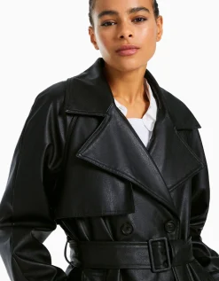 BERSHKA Abrigo trench efecto piel Negro Cheap