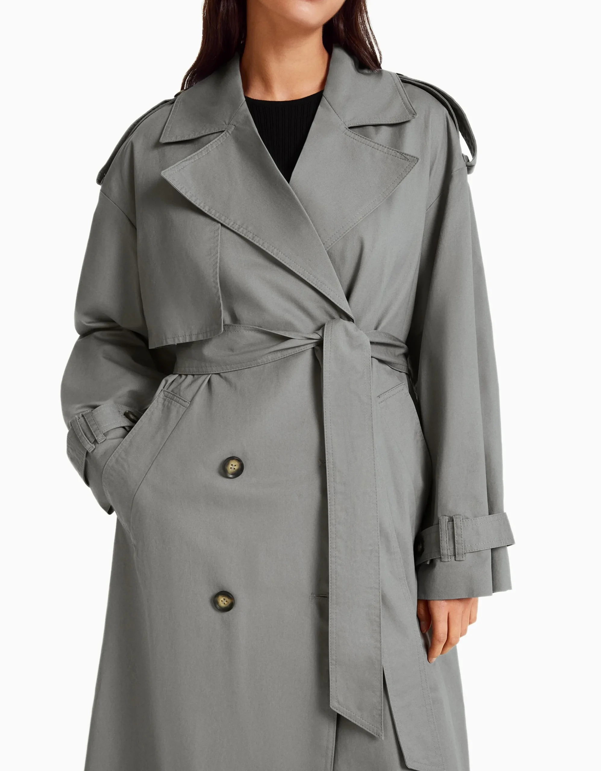 BERSHKA Abrigo trench oversize algodón Gris Clearance