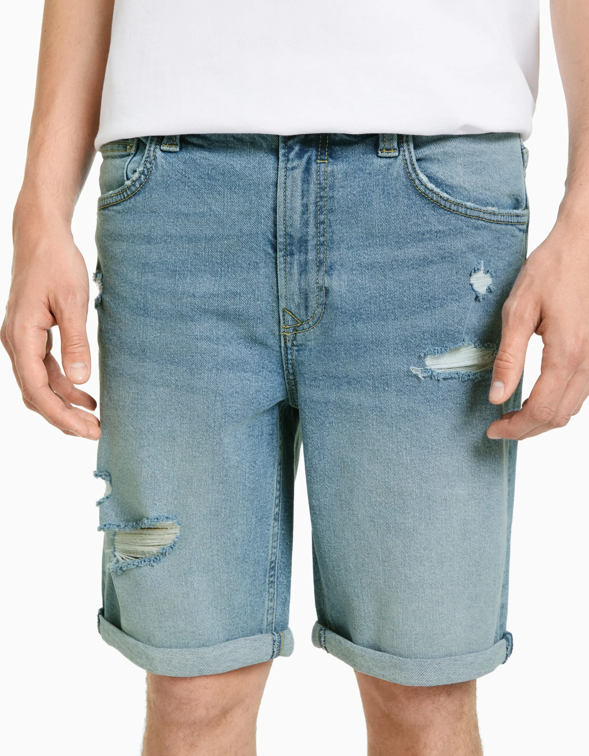 BERSHKA Bermuda slim denim rotos Azul Best Sale