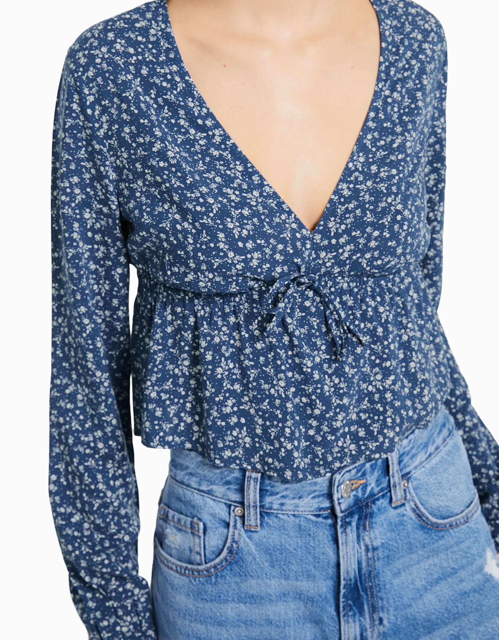 BERSHKA Blusa manga larga print flores lazada Marino Sale