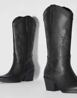 BERSHKA Botas cowboy tacón Negro Flash Sale