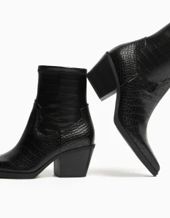 BERSHKA Botines cowboy grabado animal Negro Cheap