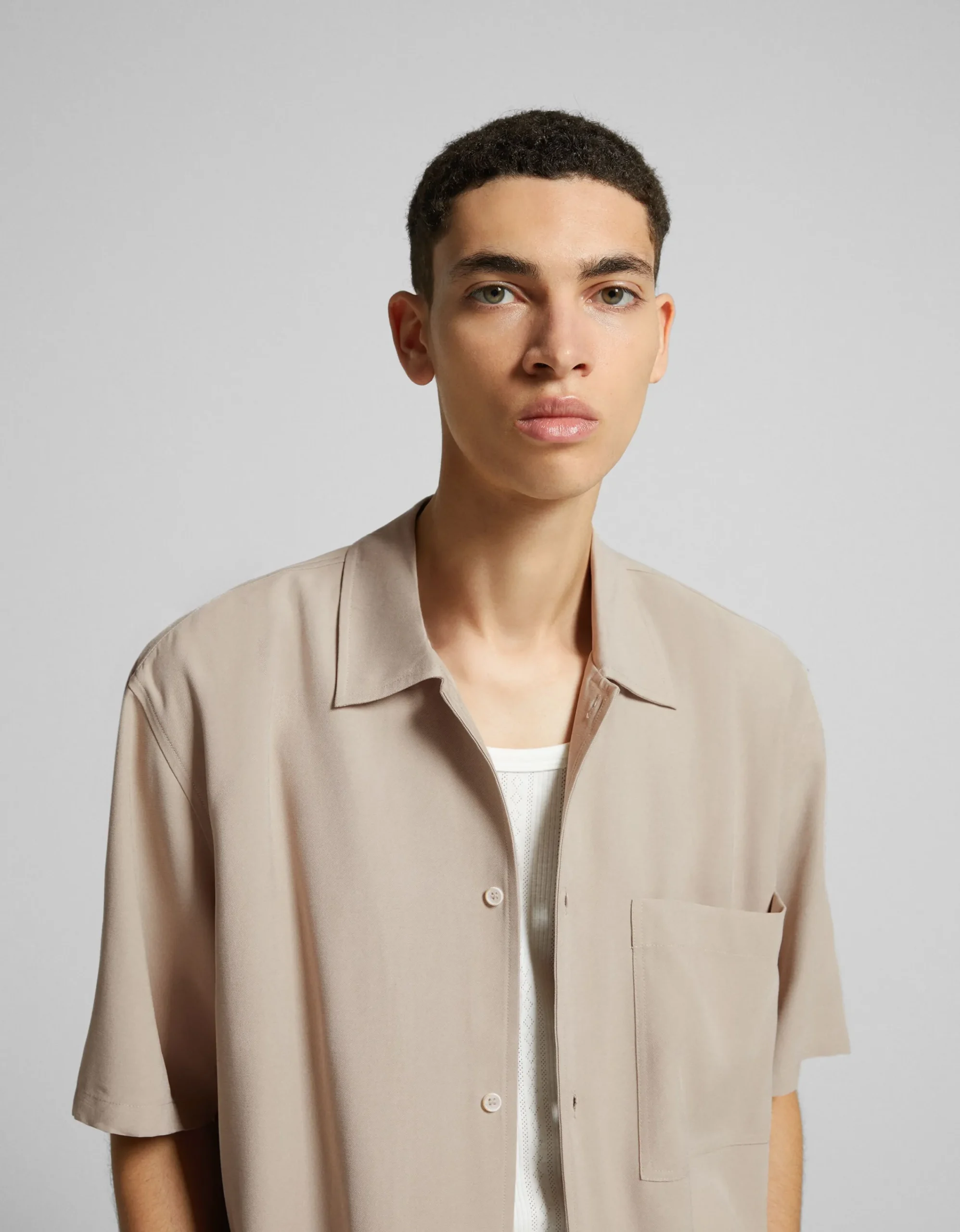 BERSHKA Camisa manga corta relaxed fit Blanco Best Sale