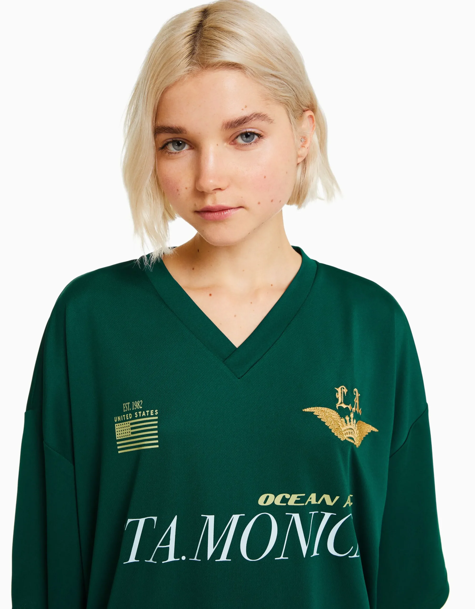 BERSHKA Camiseta manga corta cuello polo fútbol Verde Flash Sale