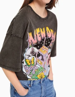 BERSHKA Camiseta manga corta efecto lavado print Negro Cheap