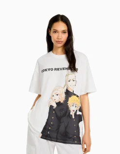 BERSHKA Camiseta manga corta oversize print TOKYO REVENGERS Blanco roto Cheap