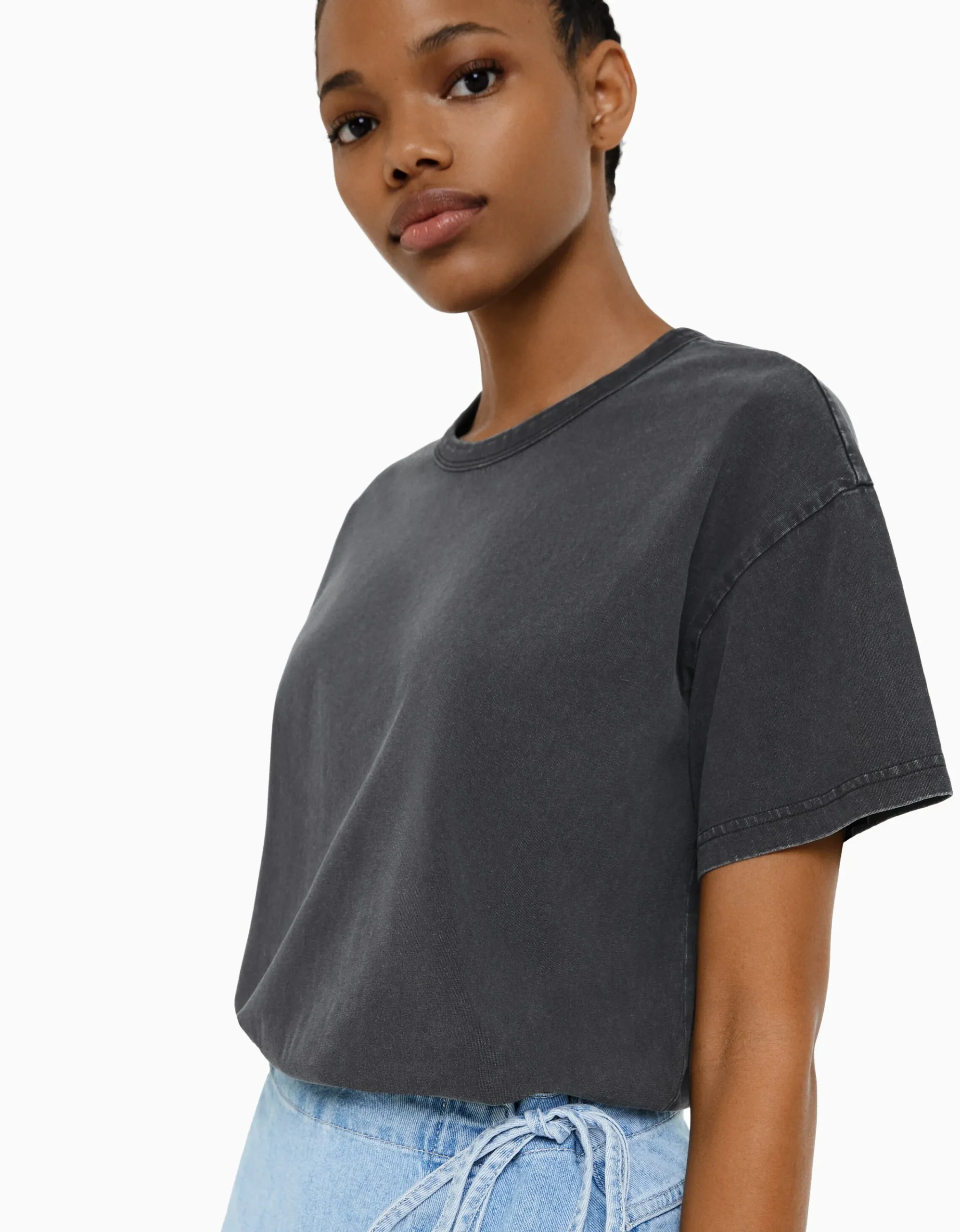 BERSHKA Camiseta manga corta oversize Negro Clearance