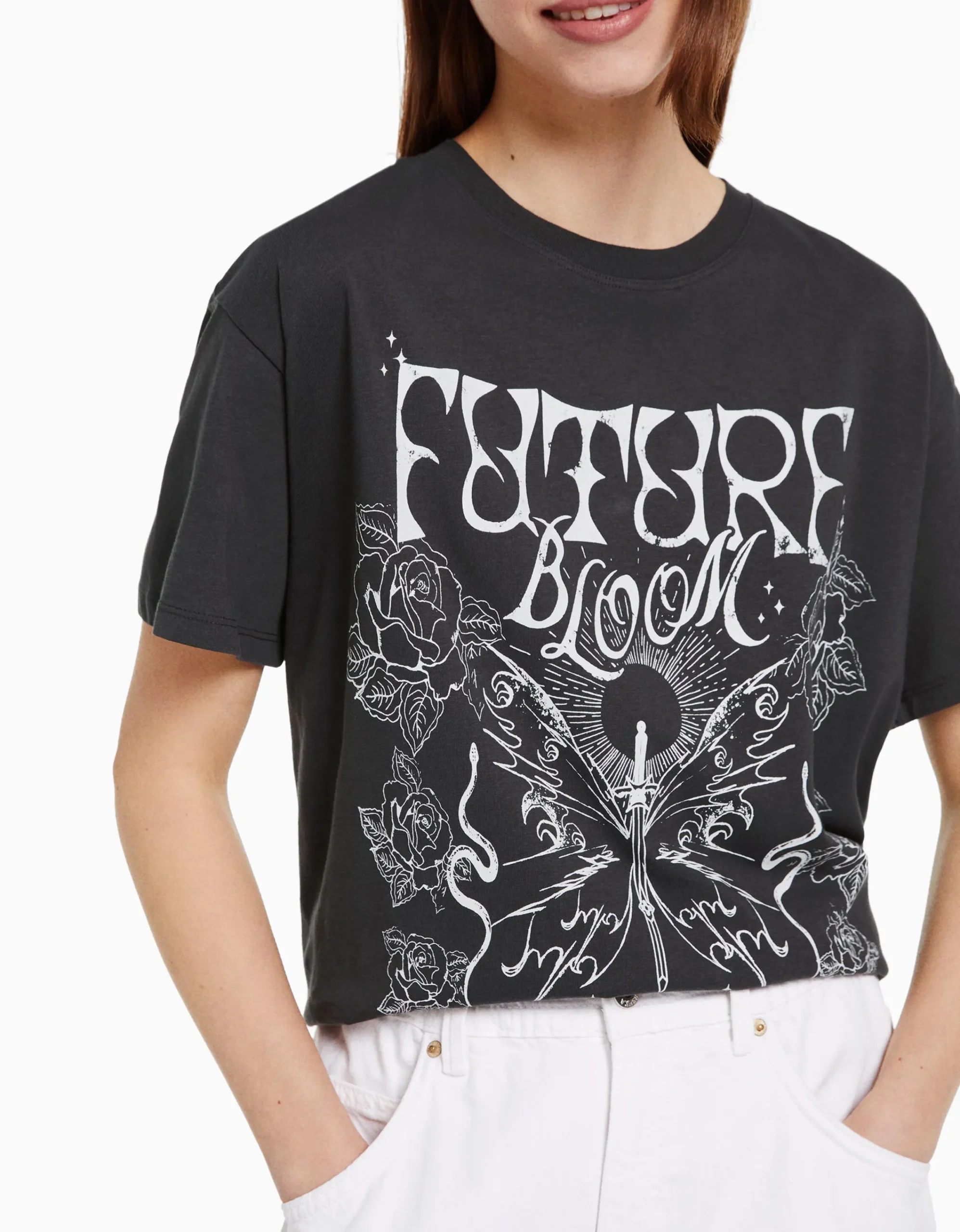 BERSHKA Camiseta manga corta print Gris Shop