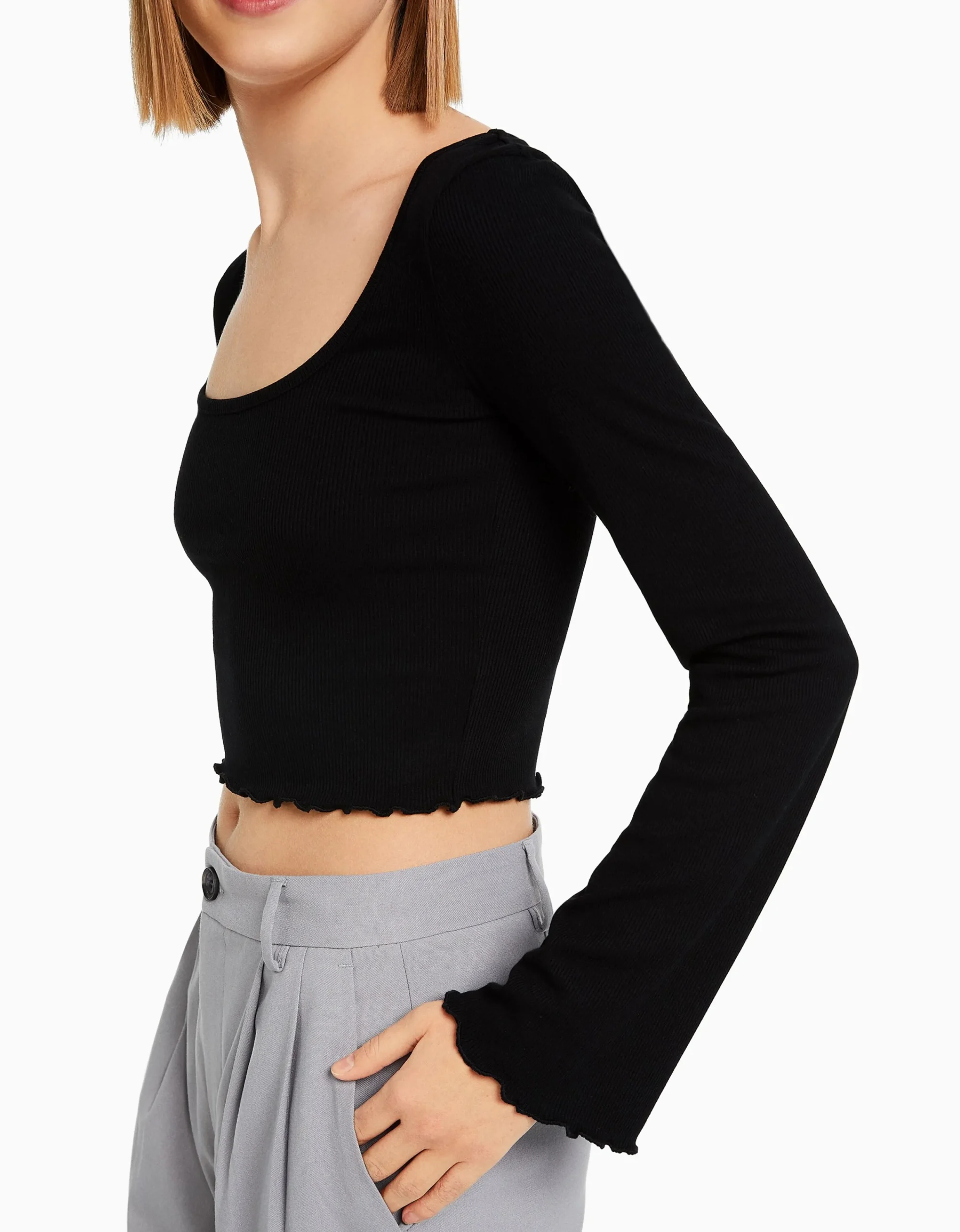 BERSHKA Camiseta manga larga cuello redondo Negro Best Sale