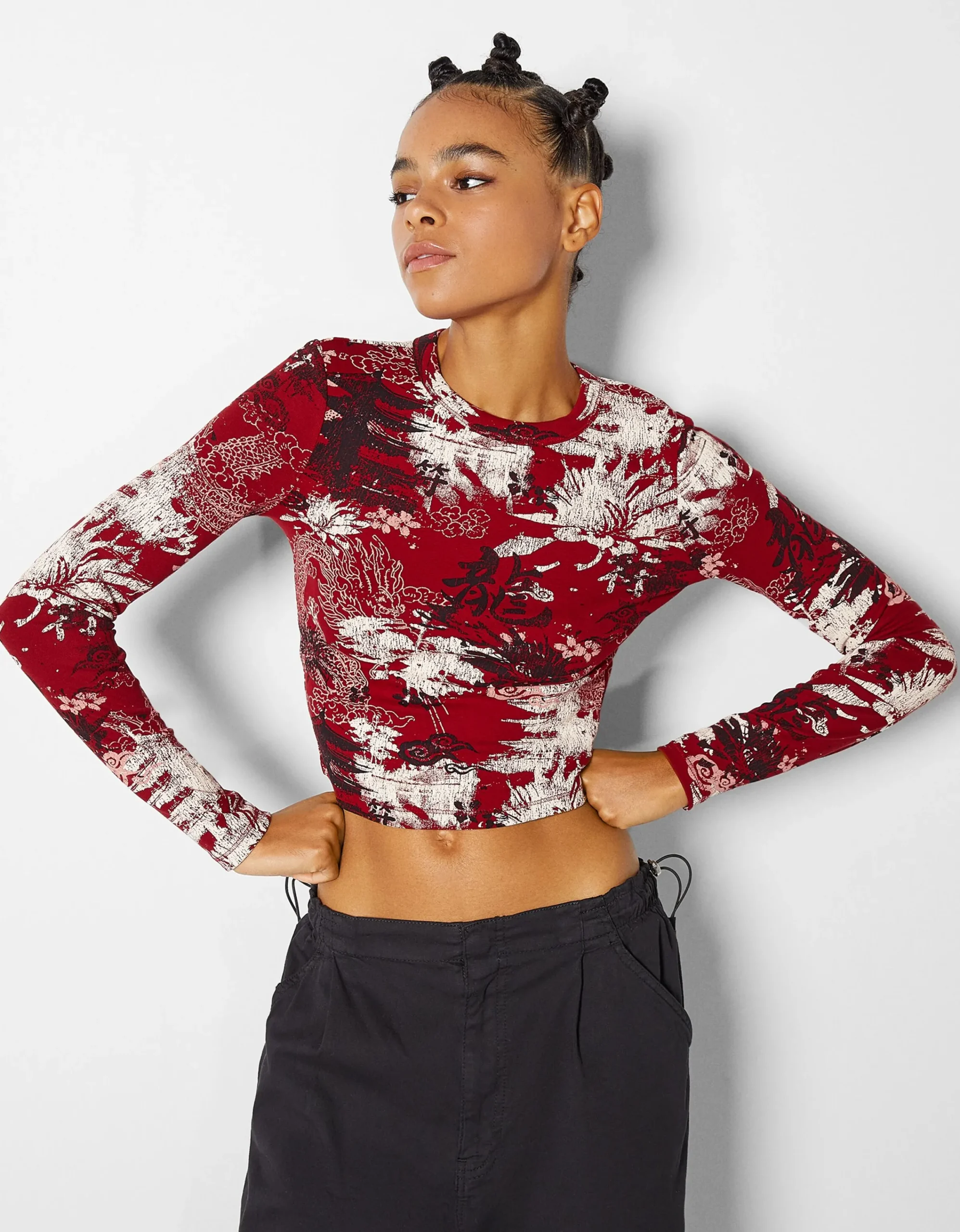 BERSHKA Camiseta manga larga print Rojo Cheap