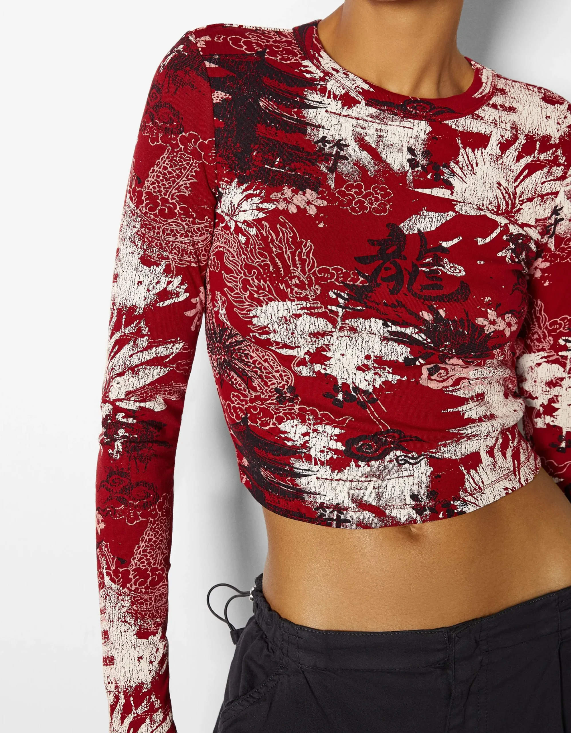 BERSHKA Camiseta manga larga print Rojo Cheap