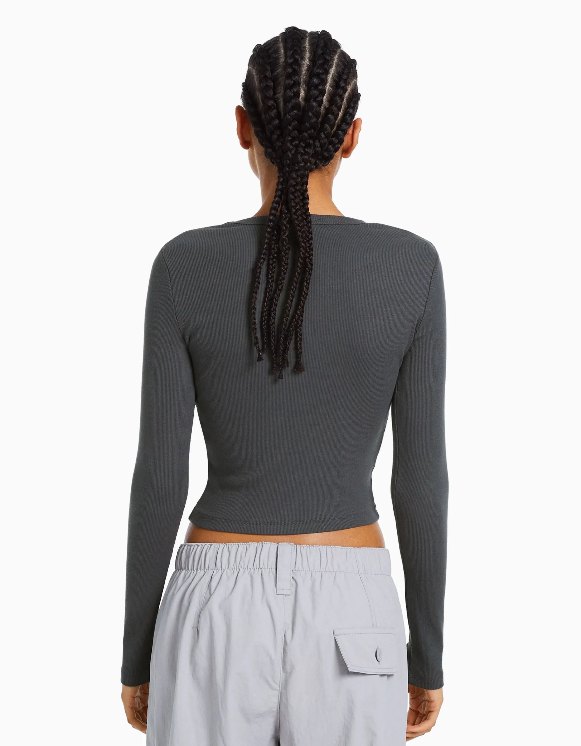 BERSHKA Camiseta manga larga rib Gris Hot