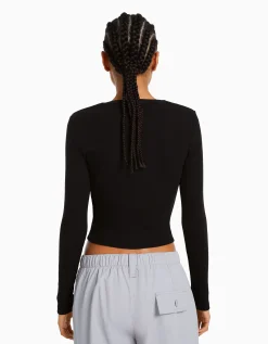 BERSHKA Camiseta manga larga rib Negro Hot