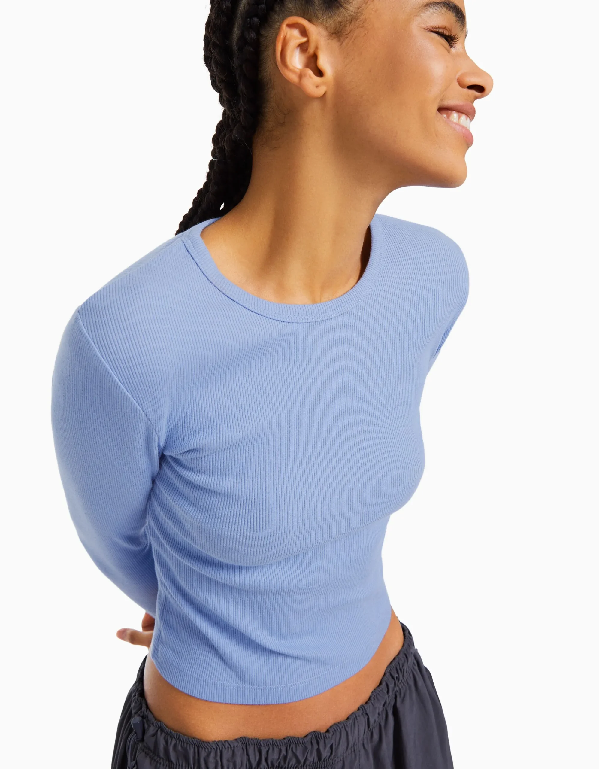 BERSHKA Camiseta manga larga rib Azul claro Best