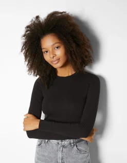 BERSHKA Camiseta manga larga rib Negro Sale