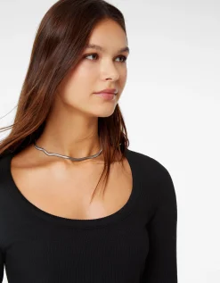 BERSHKA Camiseta manga larga rib textura Negro Clearance