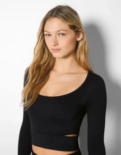 BERSHKA Camiseta manga larga seamless cut out lateral Negro Sale