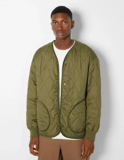 BERSHKA Cazadora acolchada cuello pico Kaki Outlet