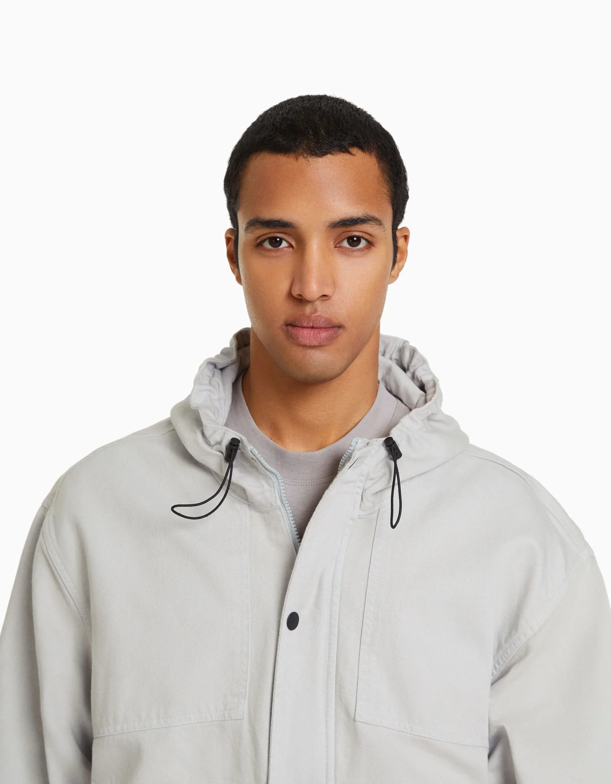BERSHKA Cazadora capucha denim parachute Gris Best Sale