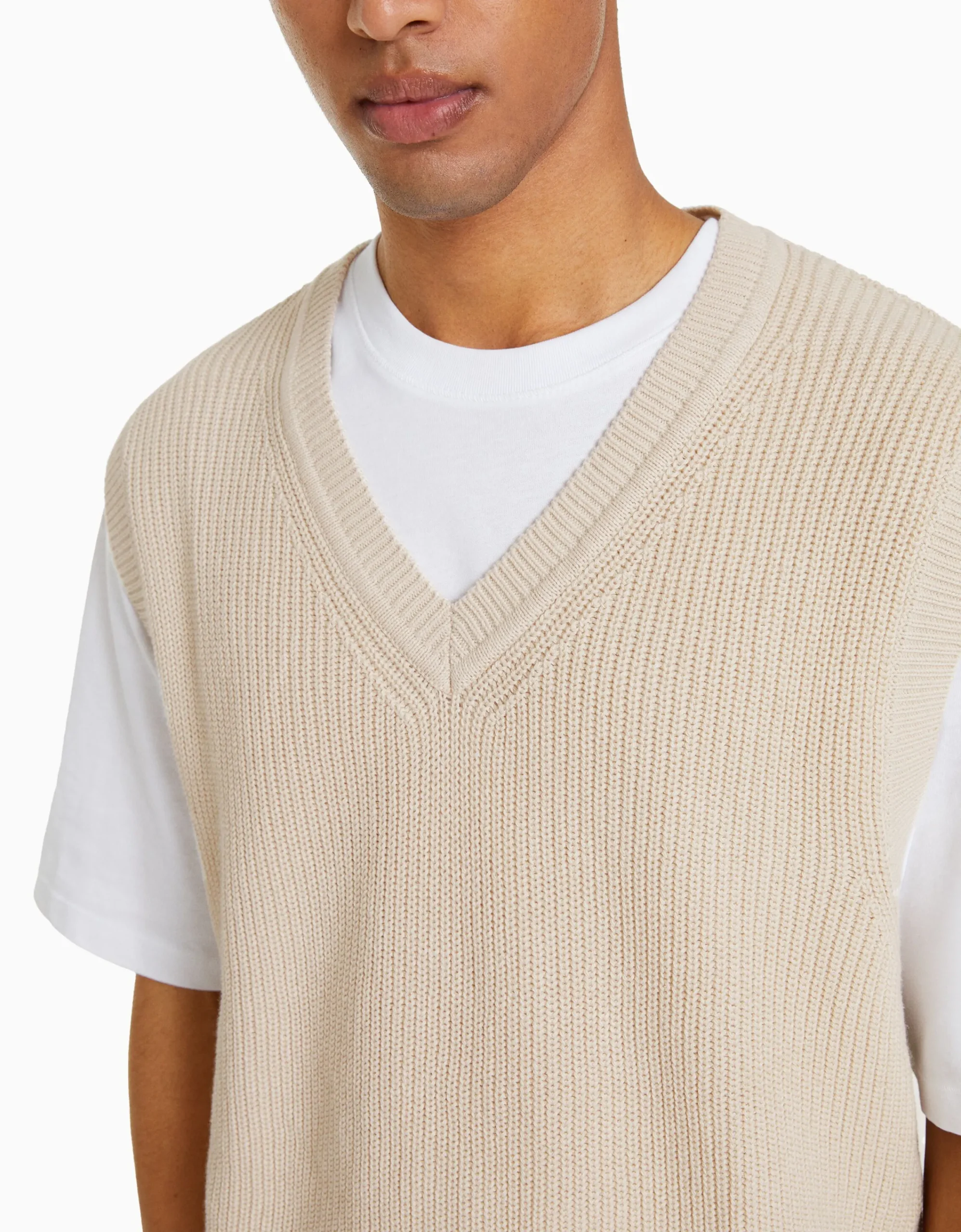 BERSHKA Chaleco punto cuello pico Azul claro Online