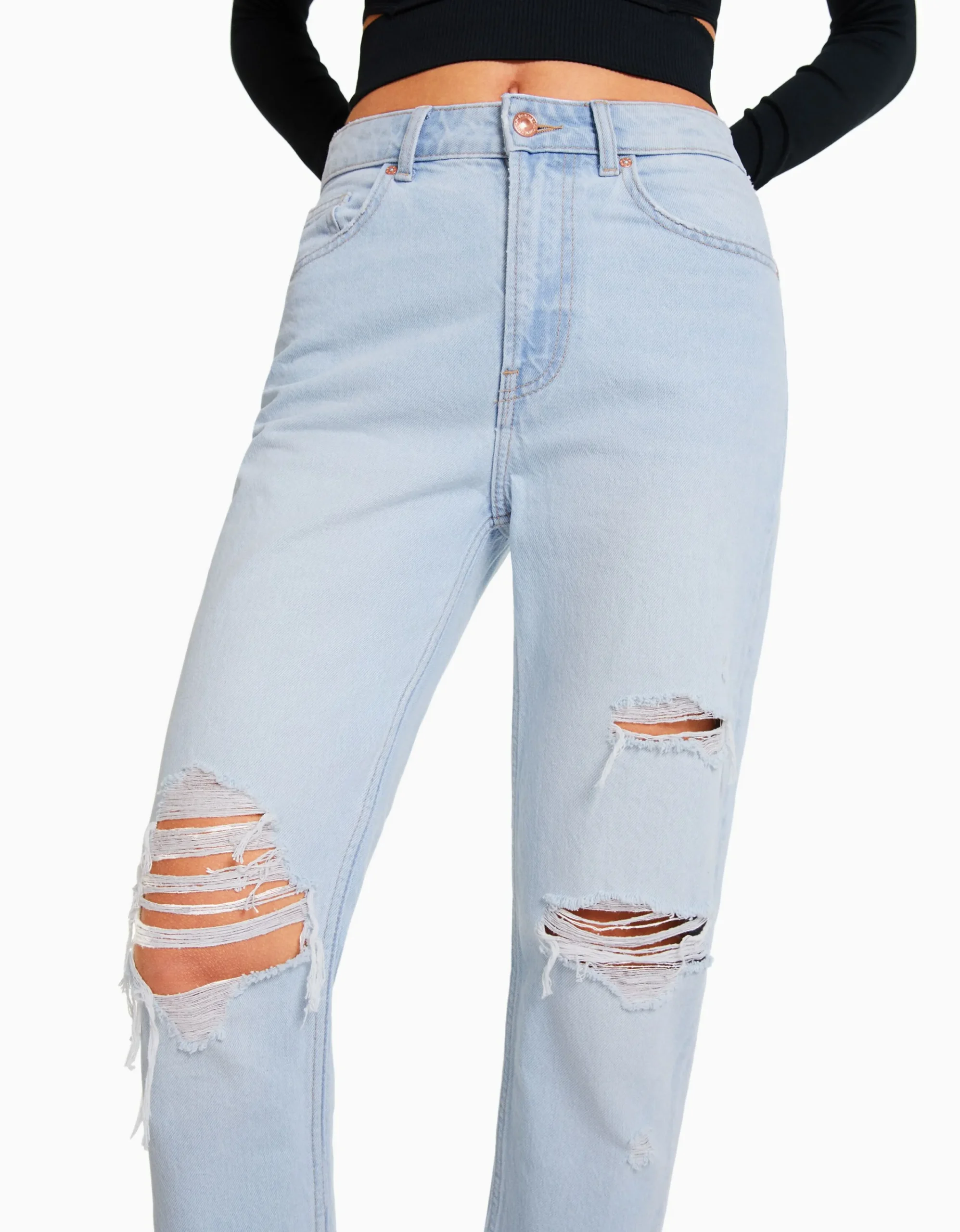 BERSHKA Jeans mom rotos Azul Cheap