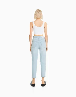 BERSHKA Jeans mom slim confort Azul lavado Flash Sale