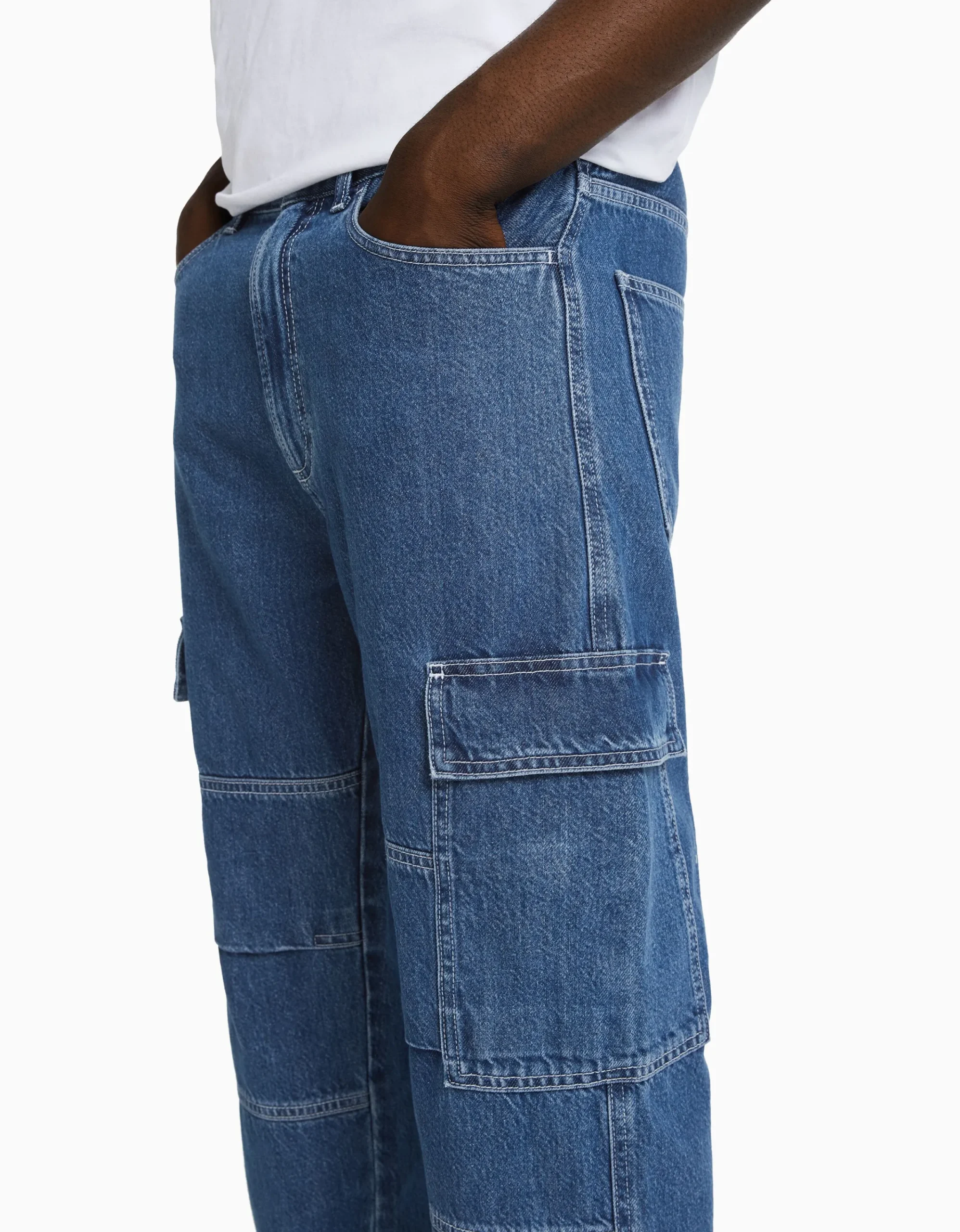 BERSHKA Jeans wide cargo Azul Best Sale
