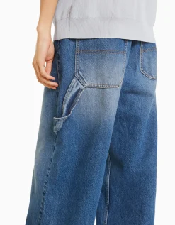 BERSHKA Jeans wide leg balloon carpenter detalle Azul lavado Hot