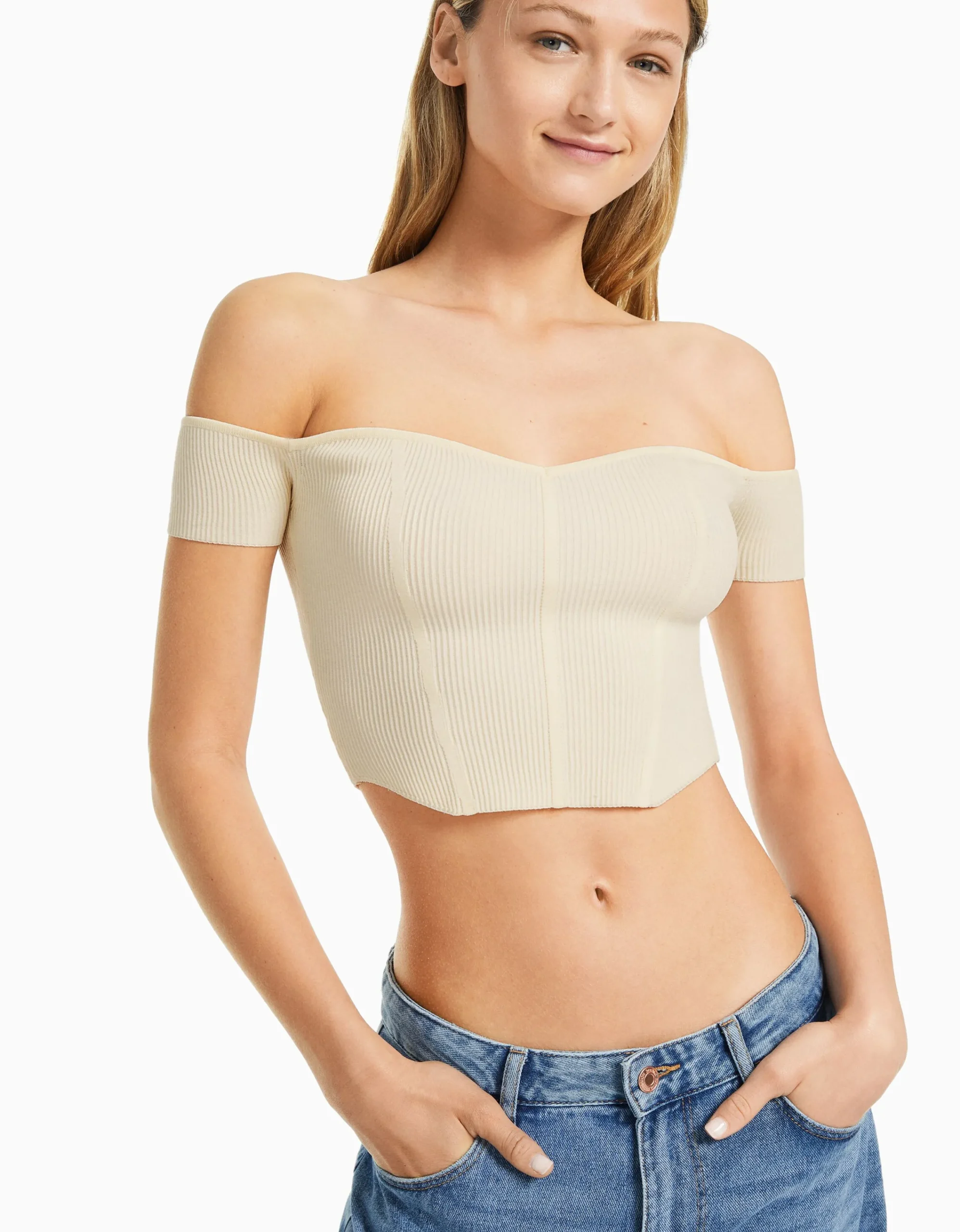 BERSHKA Jersey manga corta corsé bardot Beige Flash Sale