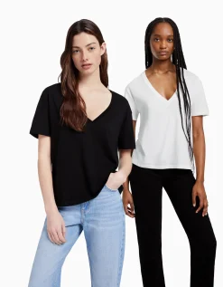 BERSHKA Pack 2 camisetas manga corta cuello pico regular fit Multicolor Flash Sale