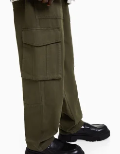 BERSHKA Pantalón wide leg cargo algodón Negro New
