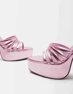 BERSHKA Sandalia tacón metalizada plataforma XL Rosa New
