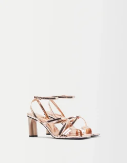 BERSHKA Sandalia tacón tiras pulsera Oro Outlet