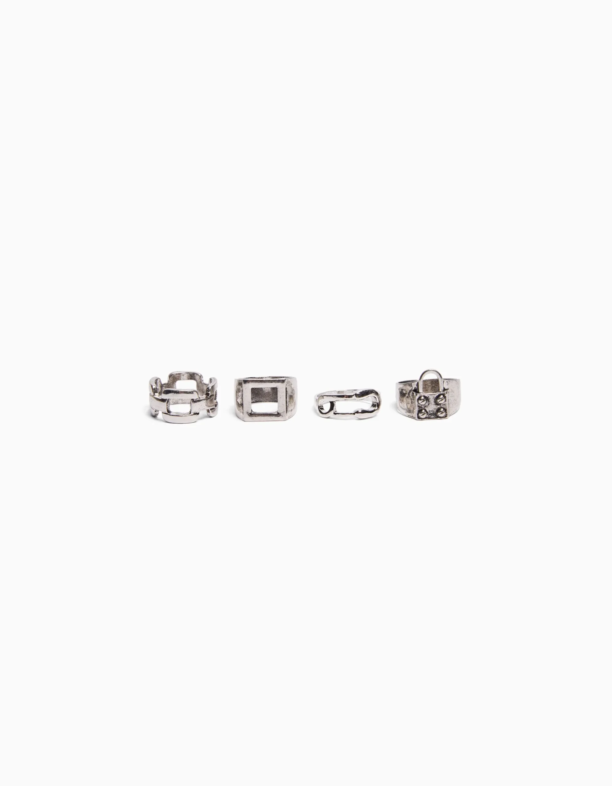 BERSHKA Set 4 anillos candado cadena Plata Cheap