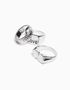 BERSHKA Set 3 anillos love Plata Cheap