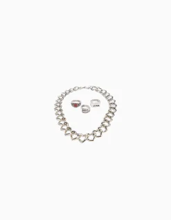 BERSHKA Set 3 anillos y collar Plata Hot