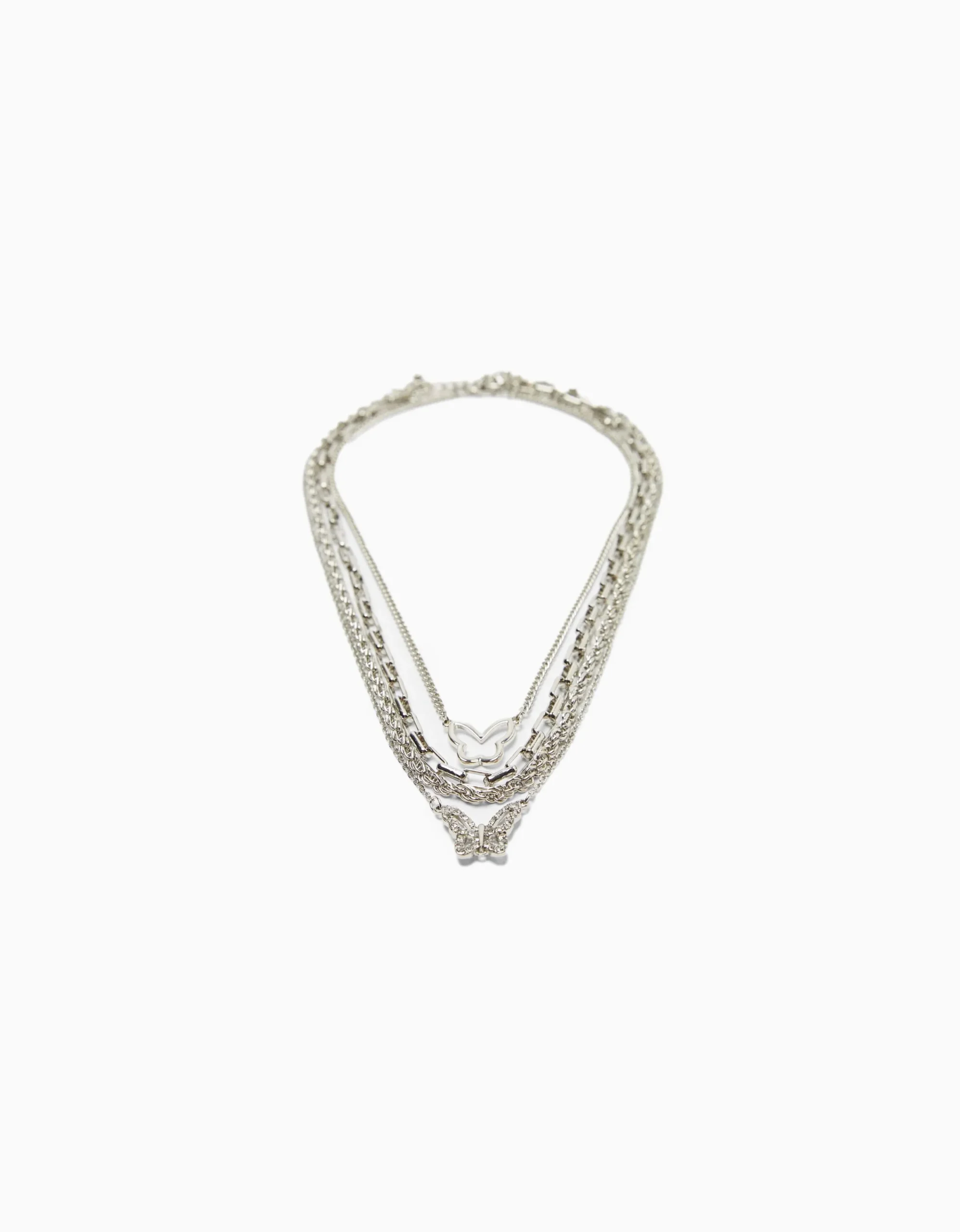 BERSHKA Set 4 collares cadenas mariposa Plata Discount