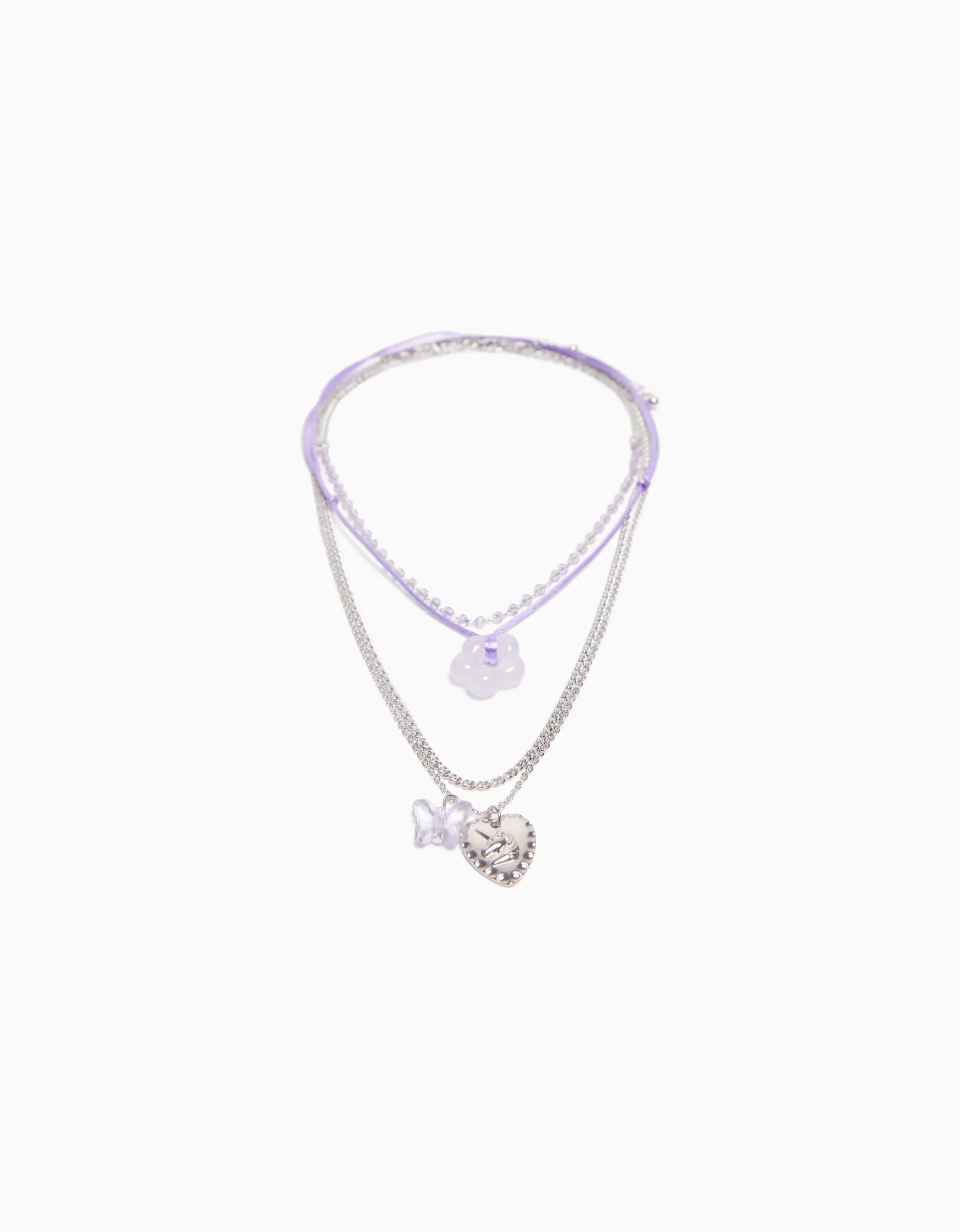 BERSHKA Set 4 collares cordón flor charm mariposa Plata Hot