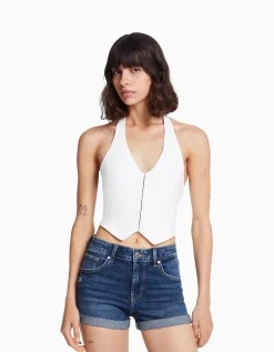 BERSHKA Short denim roll up Blanco Sale