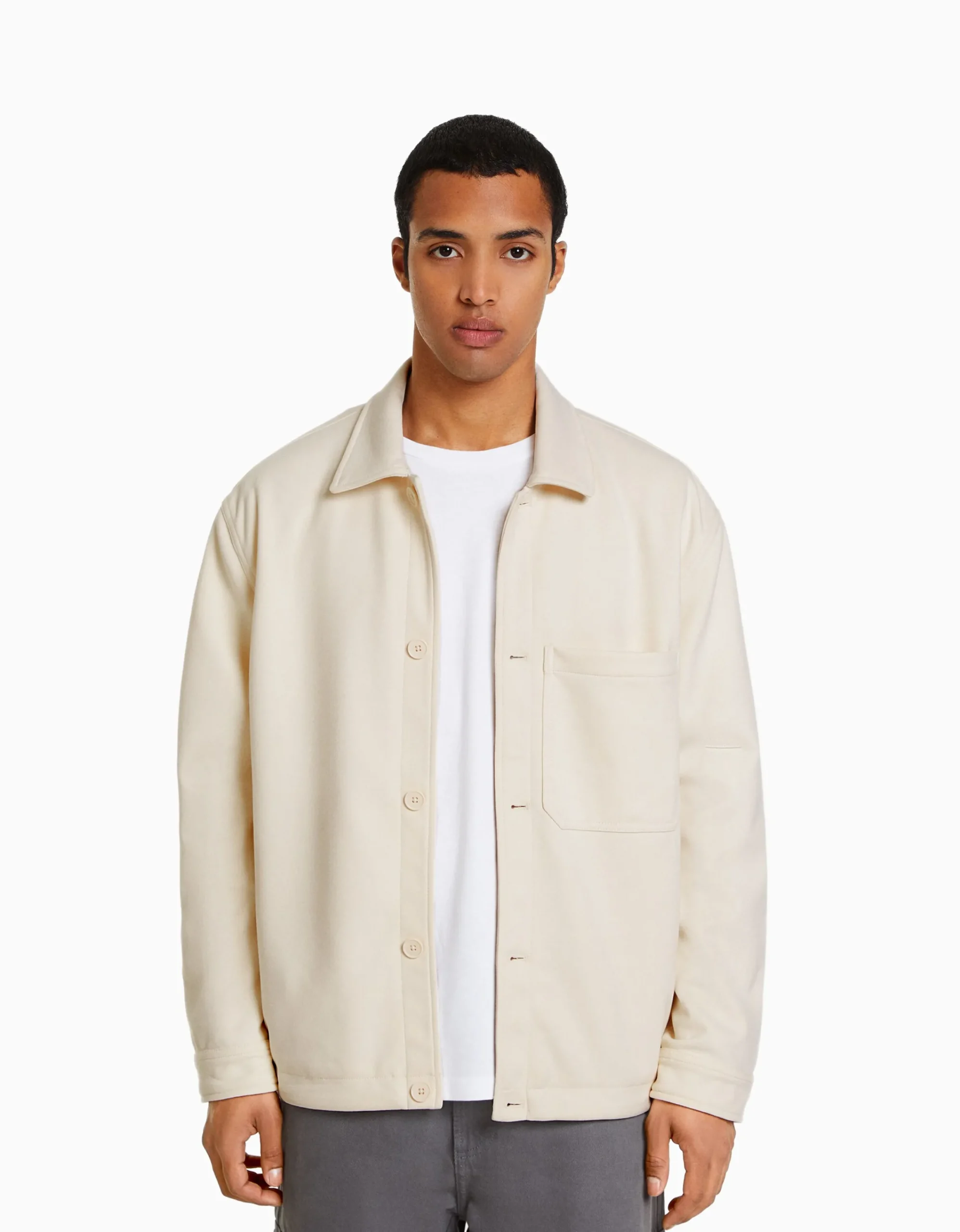 BERSHKA Sobrecamisa efecto ante Blanco Store