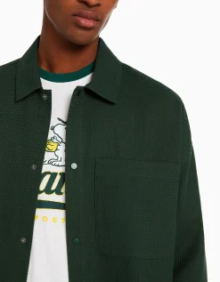 BERSHKA Sobrecamisa manga larga snaps waffle Verde Best