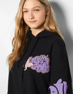 BERSHKA Sudadera capucha print Negro Hot
