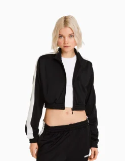 BERSHKA Sudadera cremallera banda lateral Negro Discount