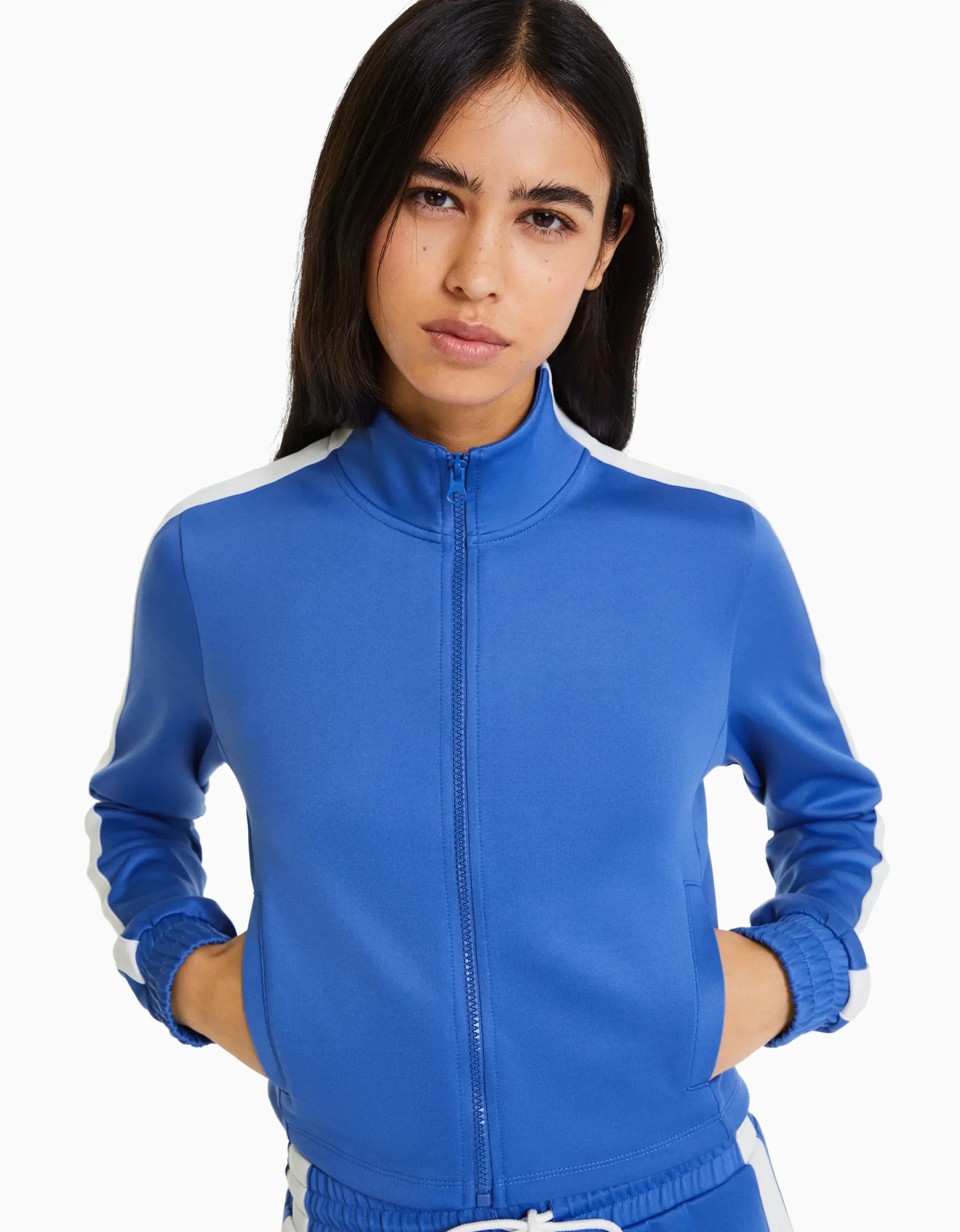 BERSHKA Sudadera cremallera sport banda lateral Azul Best Sale