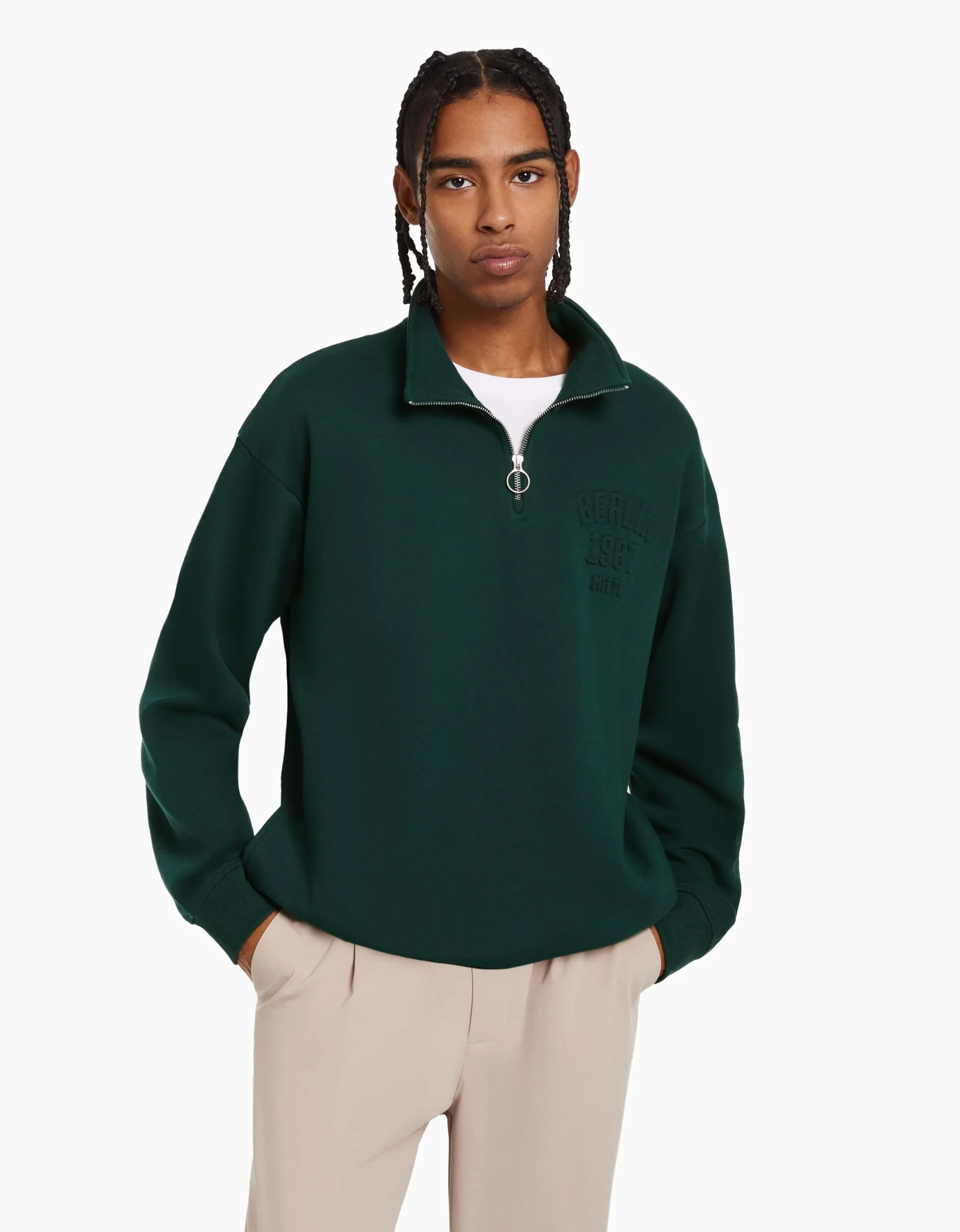 BERSHKA Sudadera cuello alto cremallera Verde Outlet