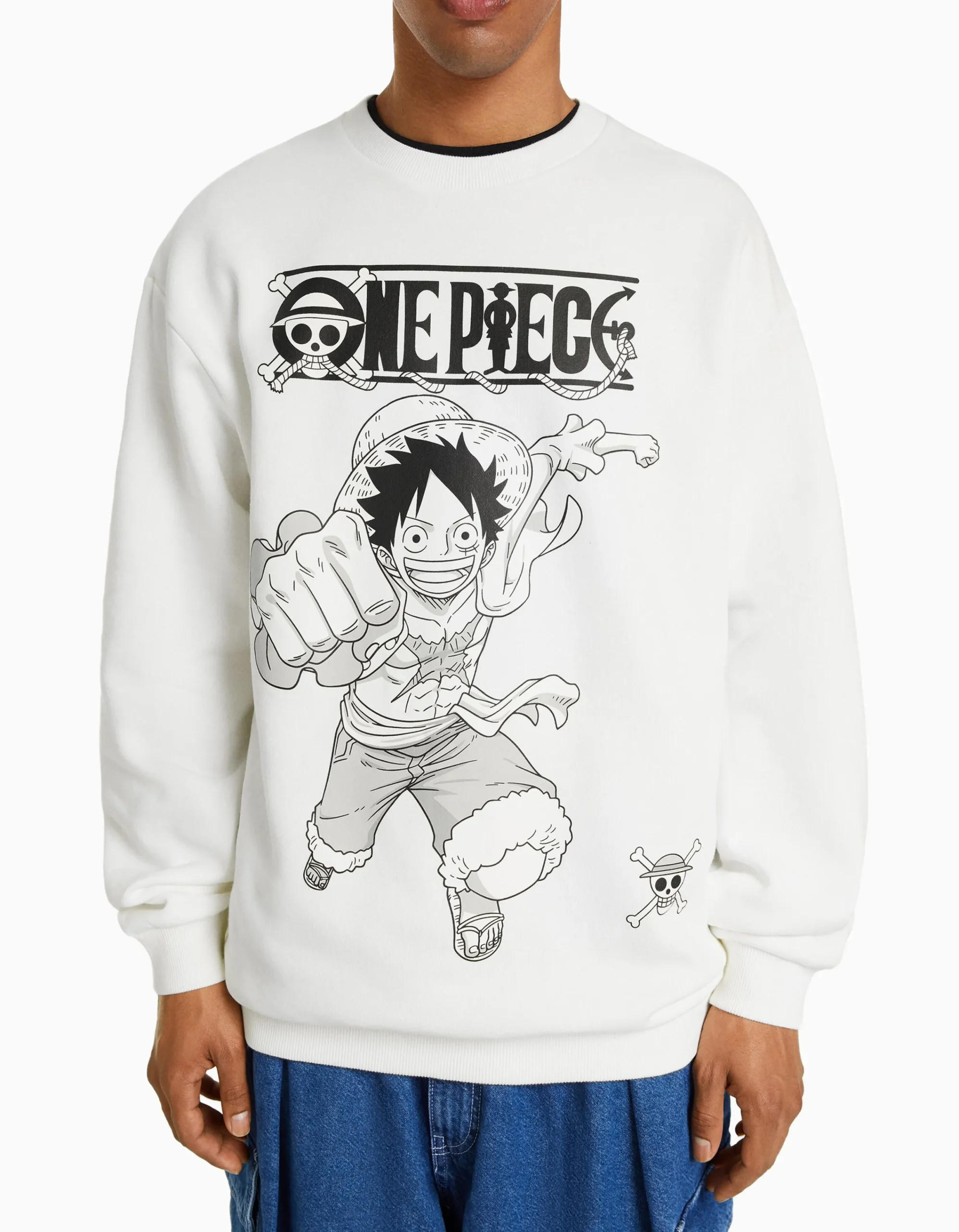BERSHKA Sudadera cuello redondo print One Piece Blanco Online