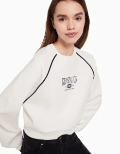 BERSHKA Sudadera cuello redondo print contraste Azul Store