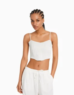 BERSHKA Top corsé tirantes satinado Azul claro Online
