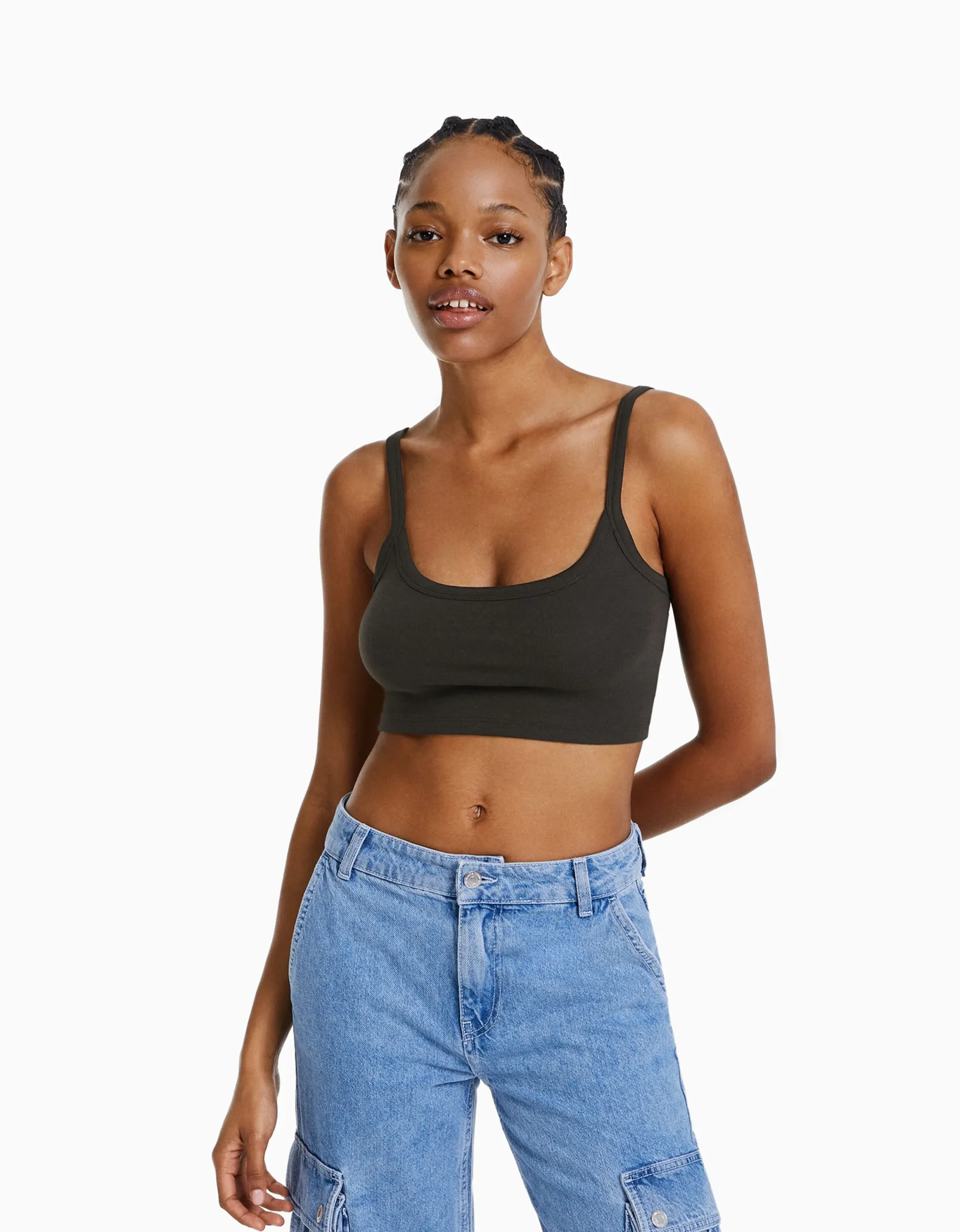BERSHKA Top tirante ancho cropped Gris Sale