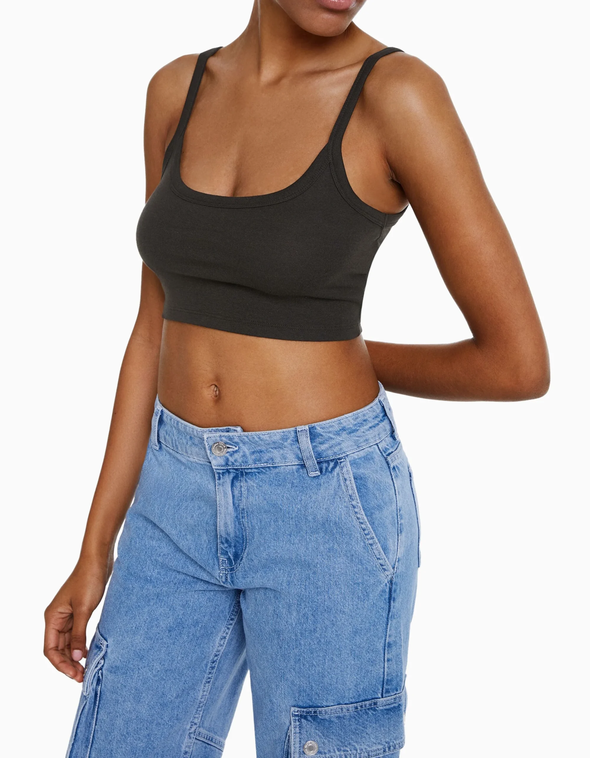 BERSHKA Top tirante ancho cropped Gris Sale